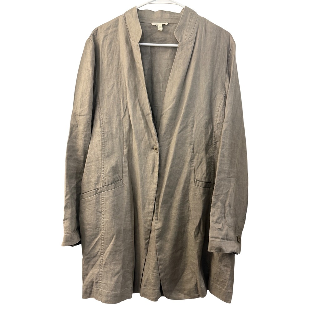 Eileen Fisher Organic Linen Longline Blazer Jacket Taupe Gray Lagenlook Large